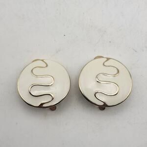 White Enamel Gold Tone Round Clip On Earrings Abstract Swirl Textured Retro Pair